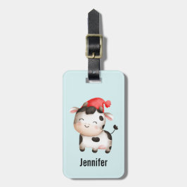 Etiqueta De Bagagem Vaca feliz em um chapéu vermelho