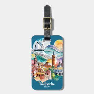 Etiqueta De Bagagem Valência Espanha Paisagem Urbana Aquarela Viagem P