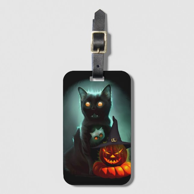 Etiqueta De Bagagem Vampiro Gato e Mágico Pumpkin Halloween Surreal (Frente Vertical)