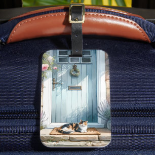 Etiqueta De Bagagem Varanda Floral Cottagecore com Gato Calico