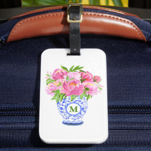 Etiqueta De Bagagem Vaso de Porcelana com Peônias Rosa e Monograma Ver