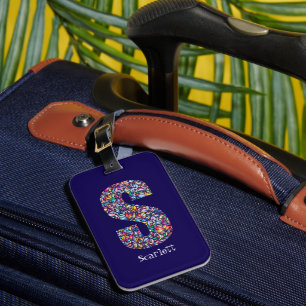 Etiqueta De Bagagem Verde amarelo púrpura floral Monograma inicial S a