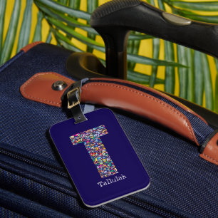 Etiqueta De Bagagem Verde amarelo púrpura floral Monograma inicial T a