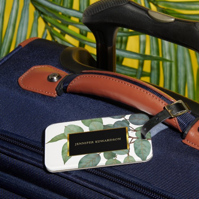 Etiqueta De Bagagem Verde botânico de aquarela dourado preto (Frente Insitu 3)