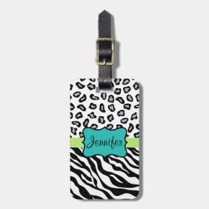 Etiqueta De Bagagem Verde branco preto & de zebra & de chita de