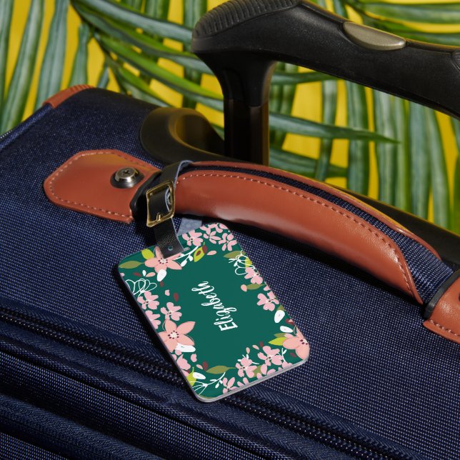 Etiqueta De Bagagem Verde com Flores Rosa Personalizado (Frente Insitu 1)