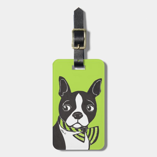 Etiqueta de Bagagem Verde de Boston Terrier (Frente Vertical)