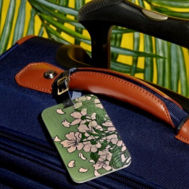 Etiqueta de bagagem verde Flor de Cerejeira Rosa (Identify your luggage right away with this beautiful floral luggage tag.
)
