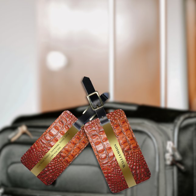 Etiqueta De Bagagem Vermelho Castanho Réptil Digital Leather Dourada M (Criador carregado)