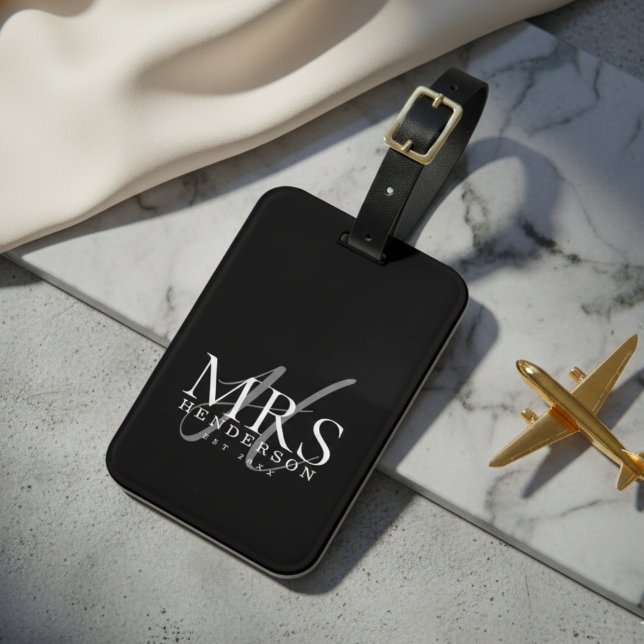 Etiqueta De Bagagem Viagem de Recém-Casados com Monograma e Roteiro Mo (Modern Script Monogram Newlyweds Travel Luggage Tag)