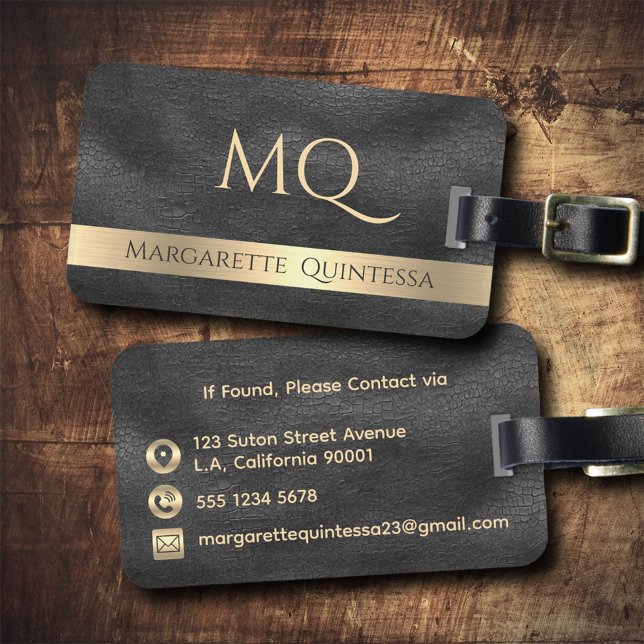 Etiqueta De Bagagem Viagem Dourado de couro preto brilhante moderno (Criador carregado)