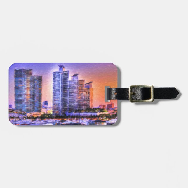 Etiqueta De Bagagem Vibrant Miami Skyline Sunrise (Frente Horizontal)