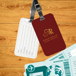 Etiqueta De Bagagem Vinho Dourado e tinto Elegante Monograma