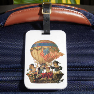 Etiqueta De Bagagem Vintage Patriótico, Crianças em um Balão de Ar Que