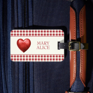 Etiqueta De Bagagem Vintage Red e Cream Gingham com Coração