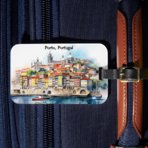 Etiqueta De Bagagem Vista Colorida da Cidade do Porto Portugal em Aqua
