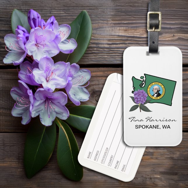 Etiqueta De Bagagem Washington Flag e Flower Pacific Rhododendron (Criador carregado)