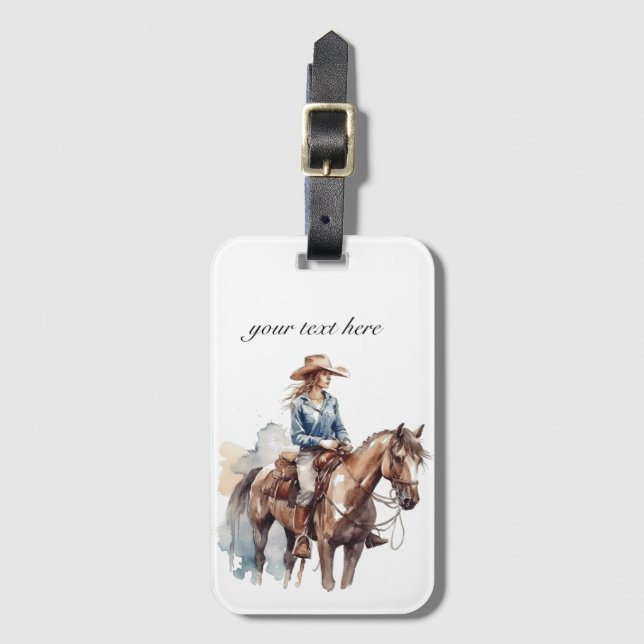 Etiqueta De Bagagem Watercolor Western Brunette Cowgirl, personalizada (Frente Vertical)