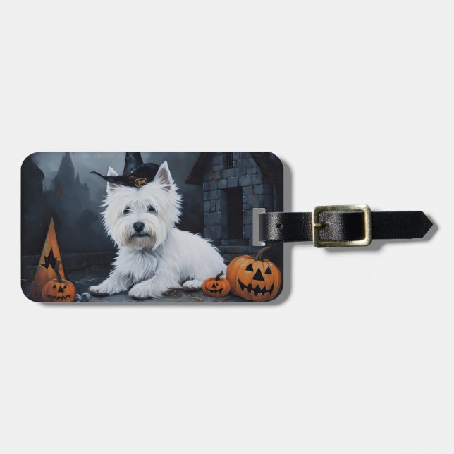 Etiqueta De Bagagem West Highland White Terrier Pumpkin Halloween (Frente Horizontal)