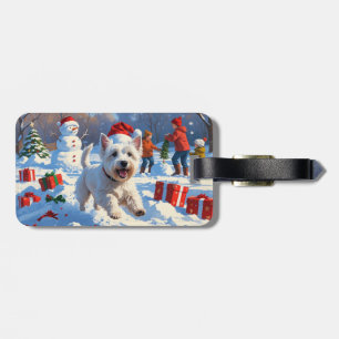 Etiqueta De Bagagem Westie Correndo na Neve com Chapéu de Natal