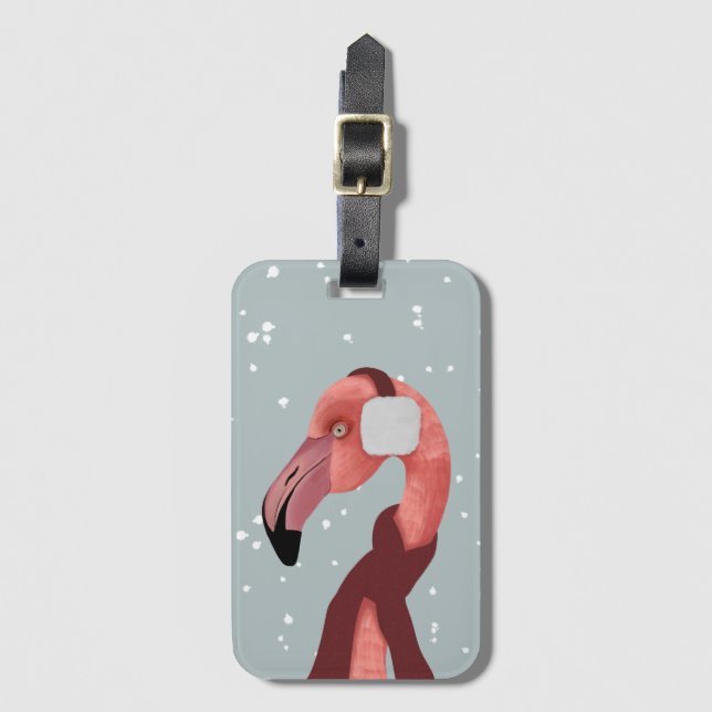 Etiqueta De Bagagem Whimsso Cozy Winter Flamingo Com Scarf (Frente Vertical)