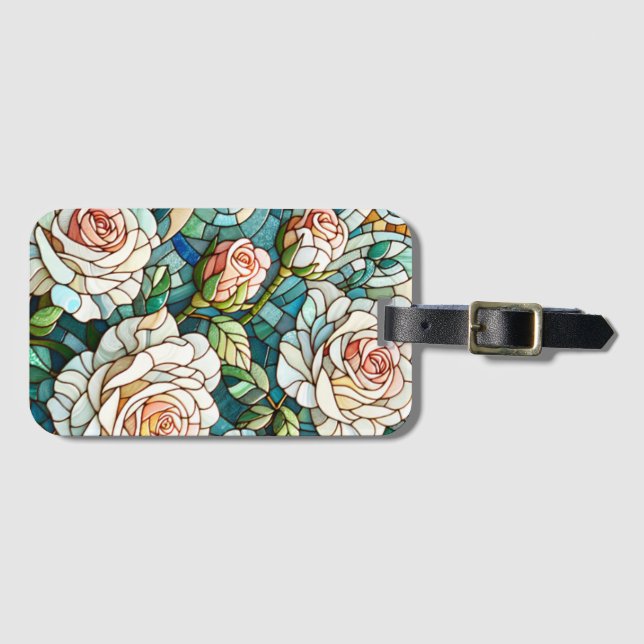 Etiqueta De Bagagem White Roses Stained Glass Mosaic (Frente Horizontal)