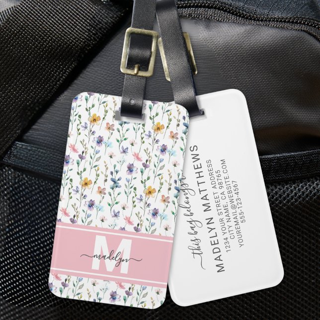 Etiqueta De Bagagem Wildflower Monogram (Elegant Watercolor Wildflower Monogram Luggage Tag)