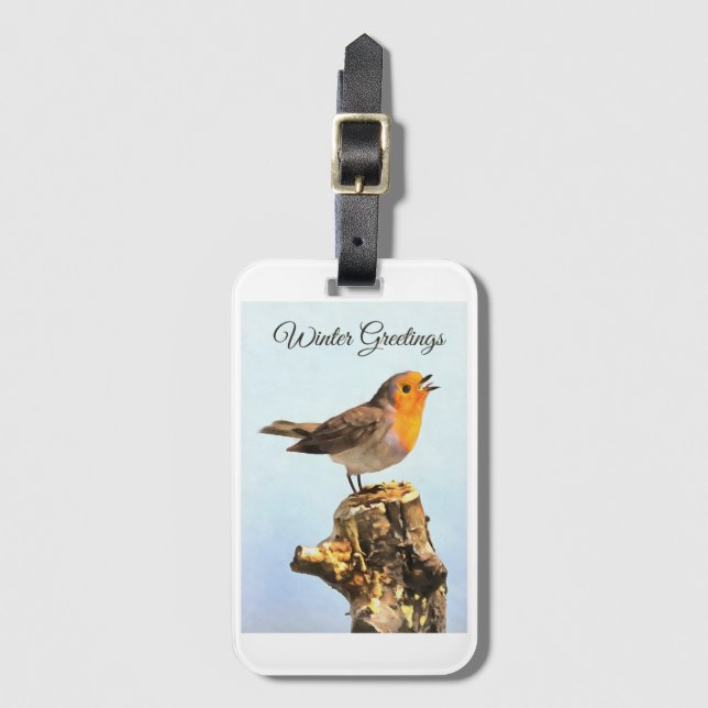 Etiqueta De Bagagem Winter Greetings. Robin singing  (Frente Vertical)