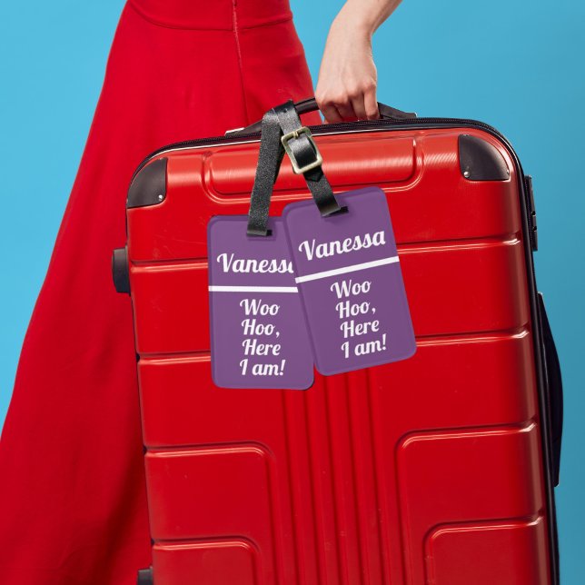 Etiqueta De Bagagem Woo Hoo Personalizado | Etiqueta Engraçada (modern funny luggage tags in bright and colorful purple for traveller gift in a minimalist design)