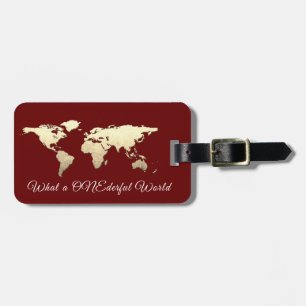 Etiqueta De Bagagem World Map Address What a UM BELO Dourado Burgundy