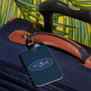 Etiqueta De Bagagem Xadrez Azul Verde Monograma Personalizado