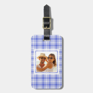 Etiqueta De Bagagem Xadrez Branca Azul de Fotografia Personalizada 2