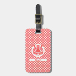Etiqueta De Bagagem Xadrez Red Gingham com Cabeça e Nome do Tigre Verm