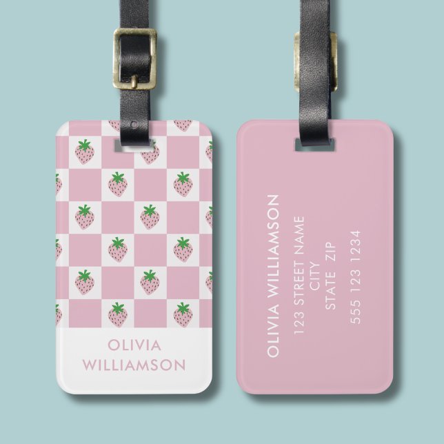 Etiqueta De Bagagem Xadrez Rosa de Morango de Verão (Pink checkerboard summer strawberry personalised luggage tag)