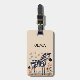 Etiqueta De Bagagem Zebra Pequena e Fofa com Flores e Borboletas