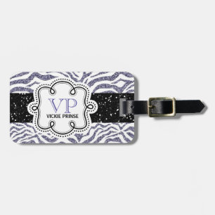 Etiqueta De Bagagem Ziguezague roxo e branco bonito da zebra do brilho