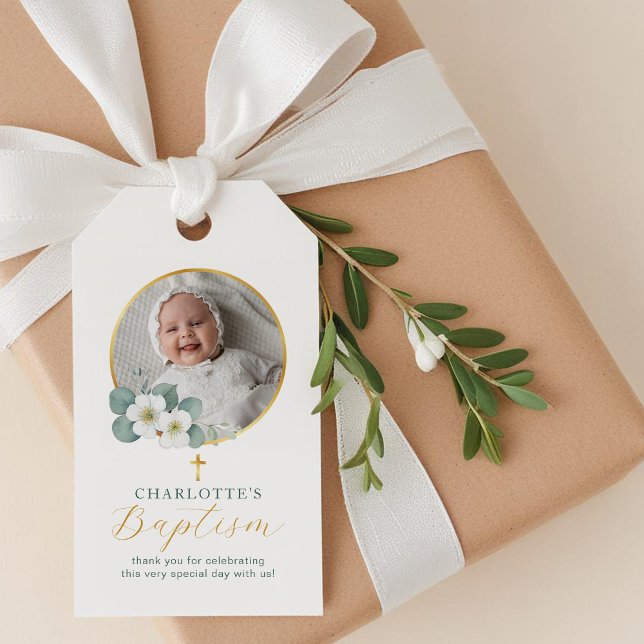 Etiqueta de Batismo Fotográfico de Script Simples  (Baptism Favor Tag)