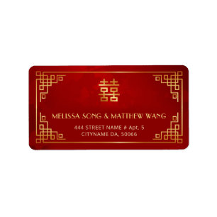 Etiqueta de Casamento Chinesa Vermelha Dourada