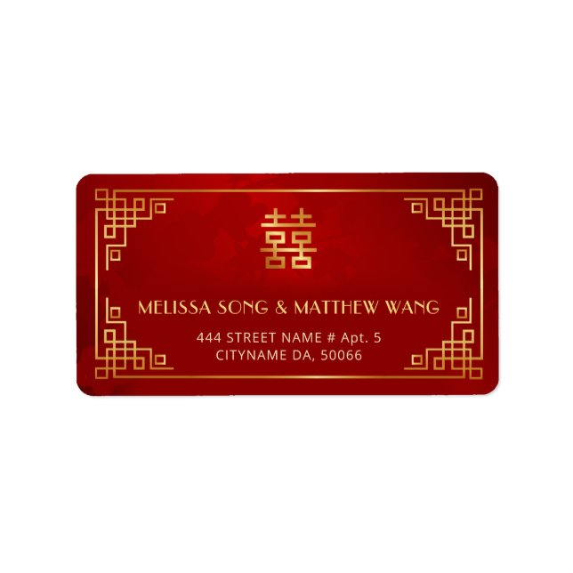Etiqueta de Casamento Chinesa Vermelha Dourada (Frente)