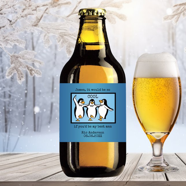 Etiqueta de cerveja para Padrinhos de casamento de (A cute beer label featuring happily dancing cartoon penguins. Great to ask a best man)