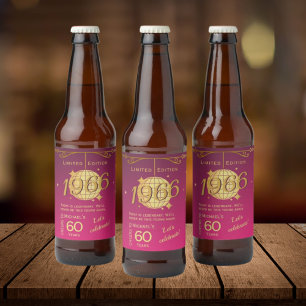 Etiqueta de cerveja rosa para festa de 60 anos nas