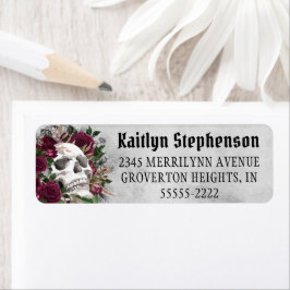 Etiqueta de Cinza Gótica Burgundy Rosas Crânio