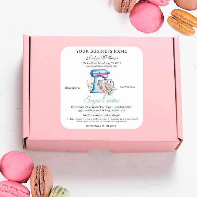 Etiqueta de Comida da Lei de Algodão Turquesa de A (Watercolor Turquoise Stand Mixer Bakery Cottage Law Food Label)