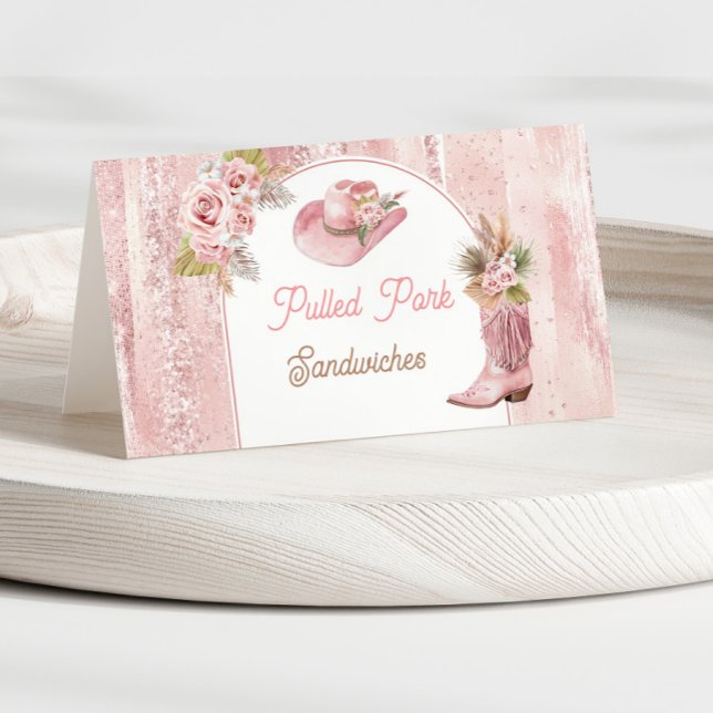 Etiqueta de Comida do primeiro primeiro aniversari (Pink Boho First Rodeo 1st Birthday Food Label Place Card)