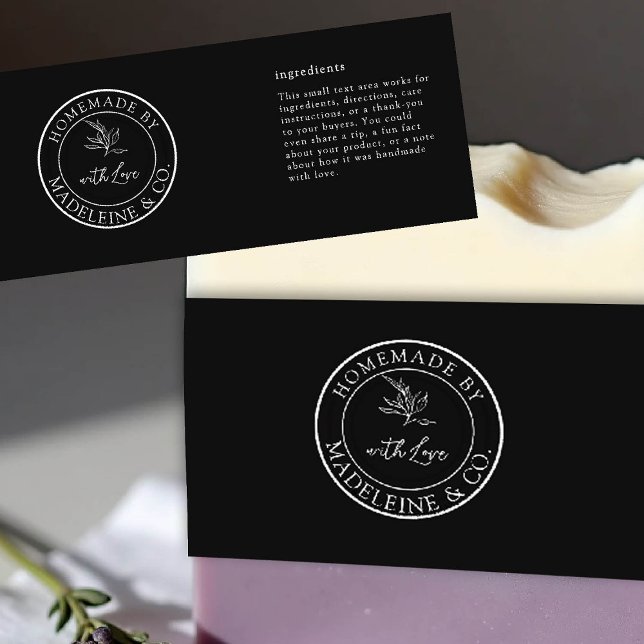 Etiqueta de Encapsulamento Preto Botânico Personal (homemade product label template artisan maker crafter craft gifting boutique small business black)