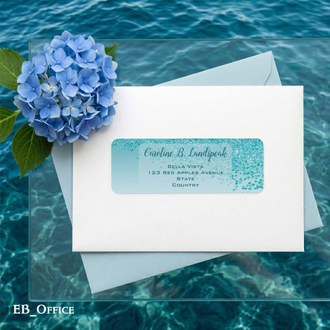 Etiqueta de Endereço de Devolução Azul Brilhante C (Teal Blue Glitter Labels: 
2.25” L x 0.75” W
•	30 labels per sheet
•	Sheet: 8.5” L x 11” W
)
