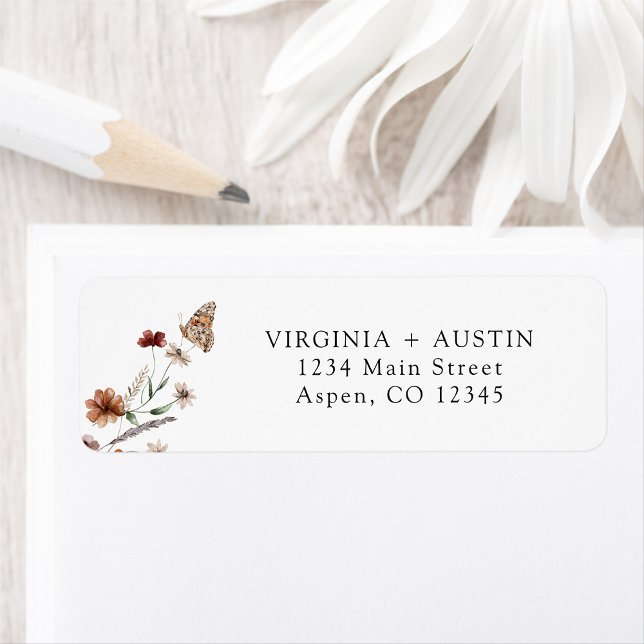 Etiqueta de Endereço de Devolução de Boho Branco (White Boho Floral Wedding Return Address Label with Butterfly by Painted Paperie
)