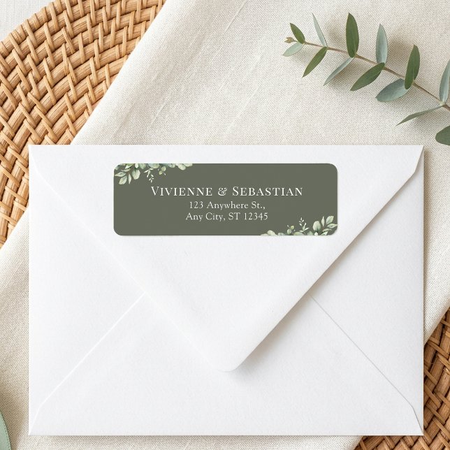 Etiqueta de Endereço de Devolução de Casamento em  (Dark Sage Green Eucalyptus Wedding Return Address Label)