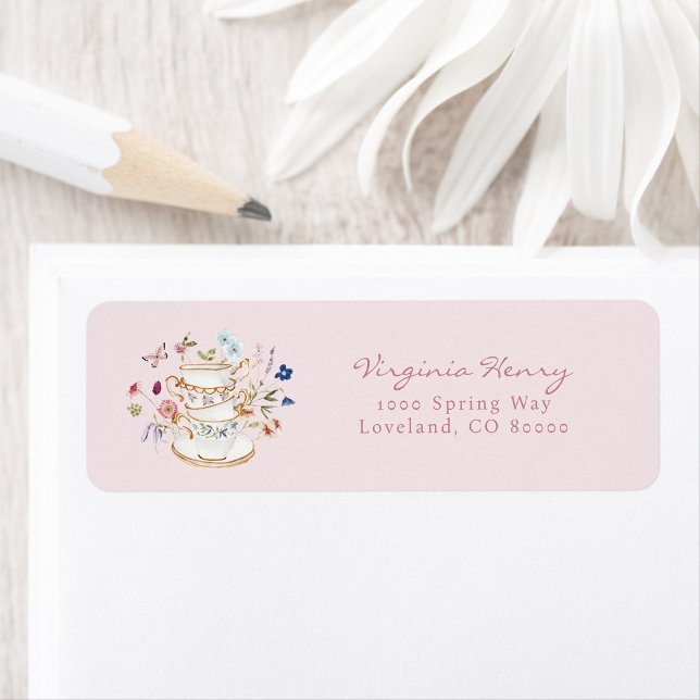 Etiqueta de endereço de devolução de chá de noiva (Floral Pink Bridal Tea Return Address label by Painted Paperie)