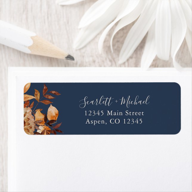 Etiqueta de Endereço de Devolução de marinho (Watercolor Navy Blue Terracotta Autumn Return Address Label by Painted Paperie
)